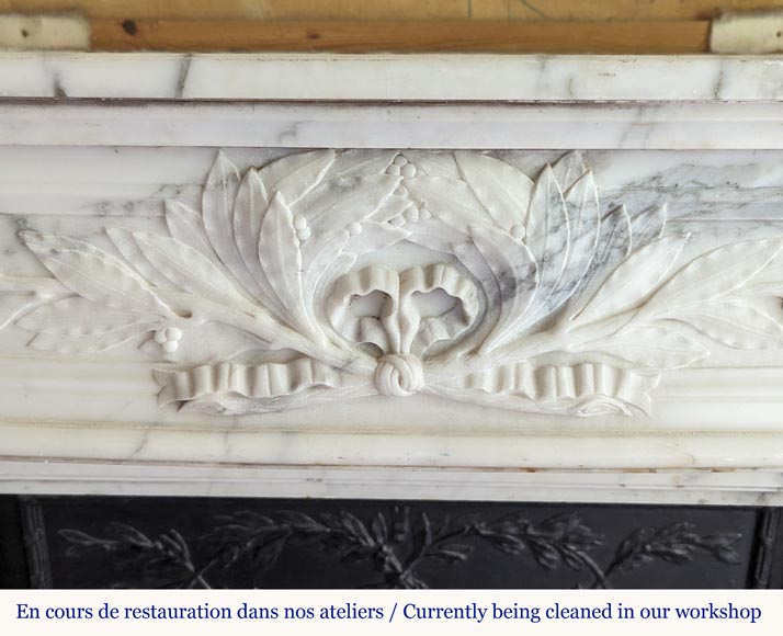 Louis XVI style Arabescato marble mantel with curved entablature decorated with a laurel wreath-1