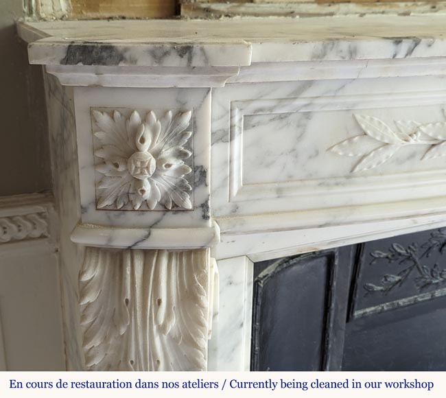 Louis XVI style Arabescato marble mantel with curved entablature decorated with a laurel wreath-4