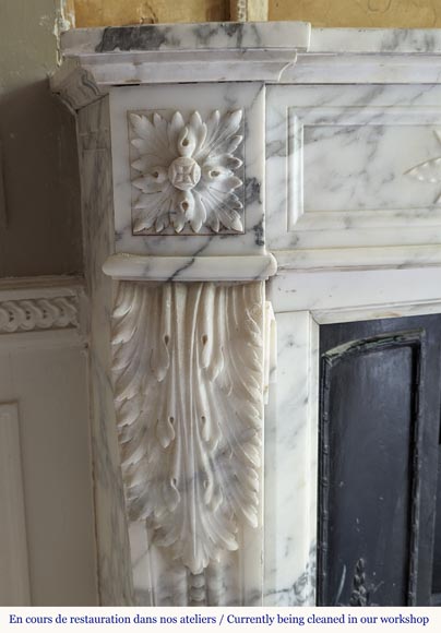 Louis XVI style Arabescato marble mantel with curved entablature decorated with a laurel wreath-5