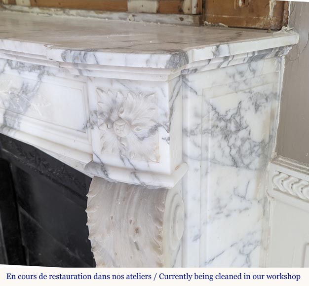 Louis XVI style Arabescato marble mantel with curved entablature decorated with a laurel wreath-9