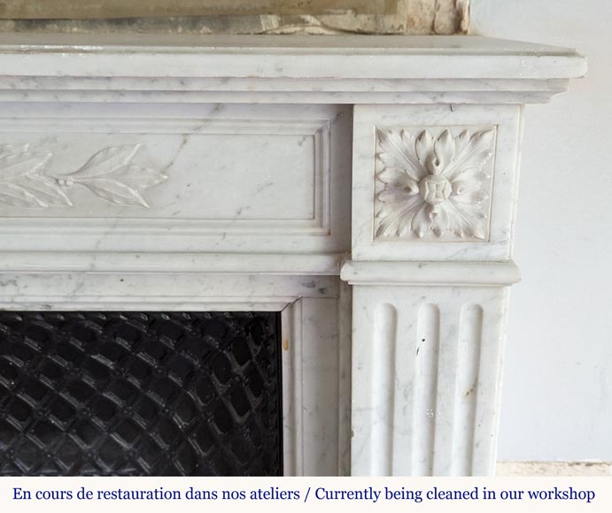 Louis XVI style Carrara marble mantel decorated with a laurel wreath-6