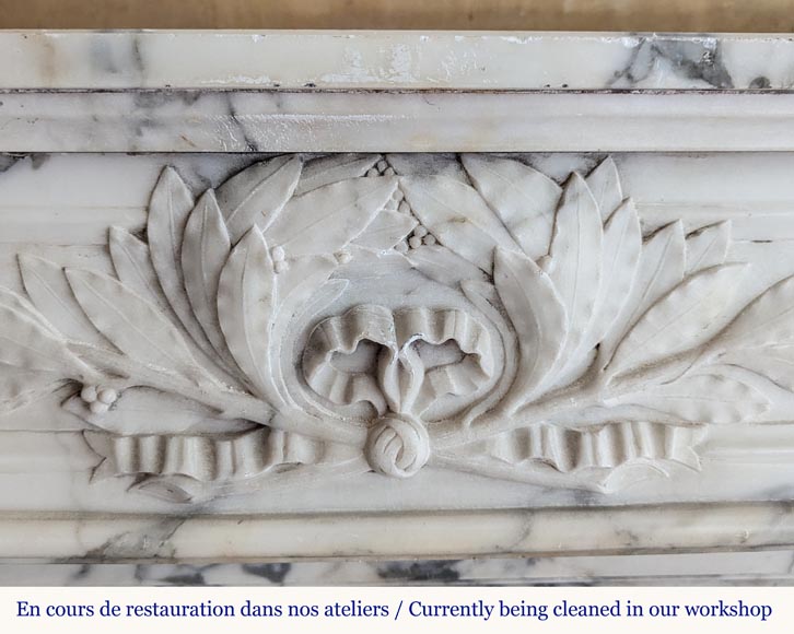 Curved Louis XVI style mantel in Arabescato marble decorated with a laurel wreath-1