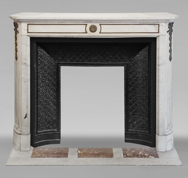 Louis XVI style mantel with rounded corners in statuary marble decorated in bronze-0