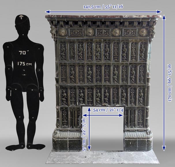 Large Napoleon III style stove in green earthenware decorated with salamanders-13