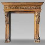 Neo Renaissance style carved walnut wood mantel with lion heads and paws