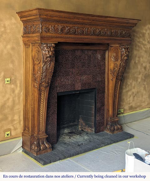 Neo Renaissance style carved walnut wood mantel with lion heads and paws-3