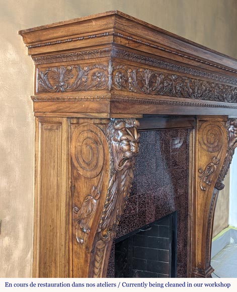 Neo Renaissance style carved walnut wood mantel with lion heads and paws-4