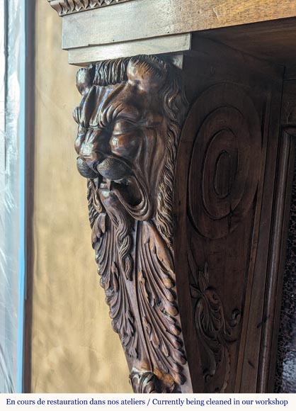 Neo Renaissance style carved walnut wood mantel with lion heads and paws-5