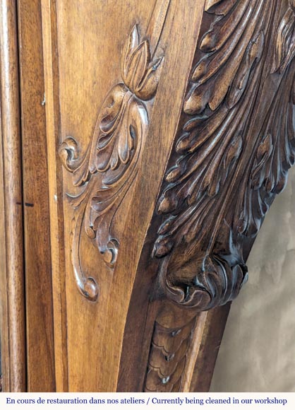 Neo Renaissance style carved walnut wood mantel with lion heads and paws-6