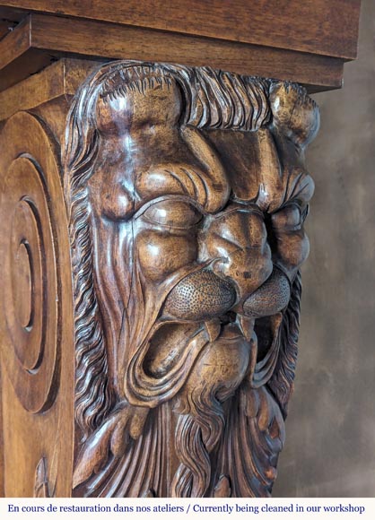 Neo Renaissance style carved walnut wood mantel with lion heads and paws-11