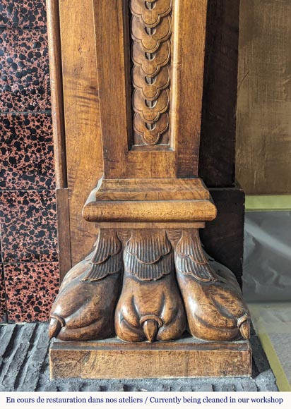 Neo Renaissance style carved walnut wood mantel with lion heads and paws-12