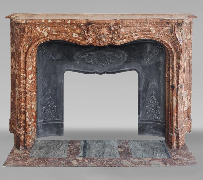 Louis XV style red marble mantel with curved sides and shell flowers-0