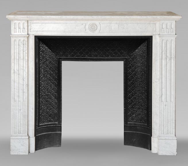 Louis XVI style mantel in Carrara marble adorned with a sunflower flower-0