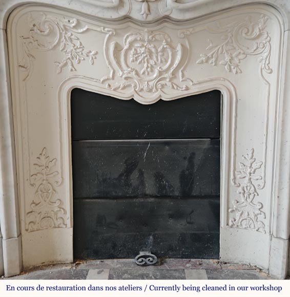 Carved Carrara marble Louis XV style mantel decorated with shells-8