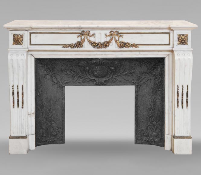 Louis XVI style semi-statuary marble mantel decorated with bronze garlands-0