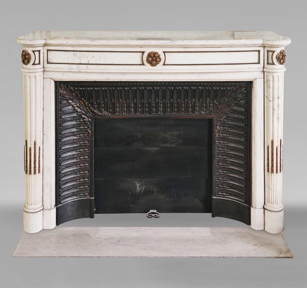 Louis XVI style curved mantel with half columns carved in half statuary marble with bronze décor-0