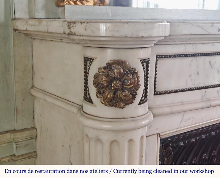 Louis XVI style curved mantel with half columns carved in half statuary marble with bronze décor-4