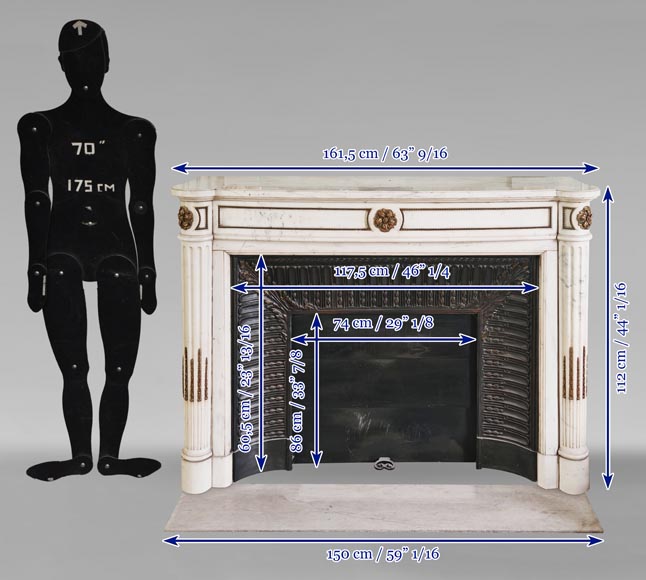 Louis XVI style curved mantel with half columns carved in half statuary marble with bronze décor-14
