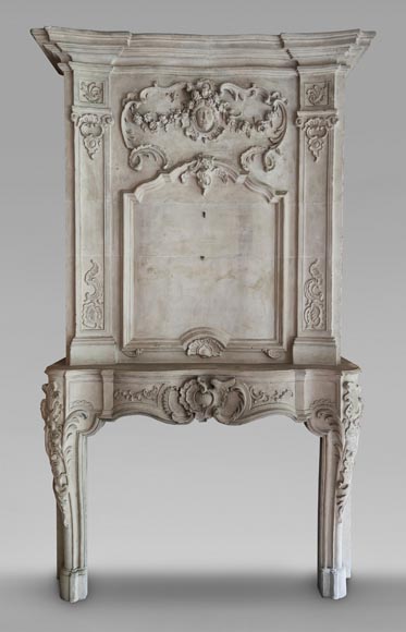 Louis XV period stone mantel with carved overmantel-0