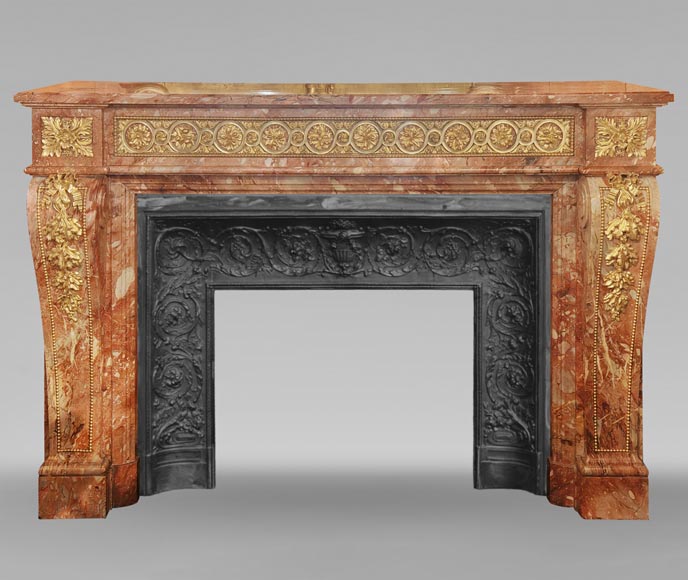 Large Louis XVI style mantel in red breche marble adorned with bronze.-0