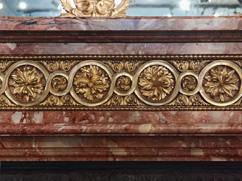 Large Louis XVI style mantel in red breche marble adorned with bronze.-1