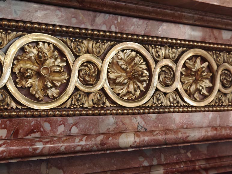 Large Louis XVI style mantel in red breche marble adorned with bronze.-2