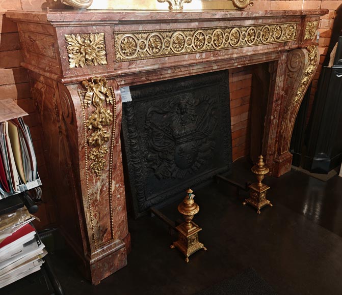 Large Louis XVI style mantel in red breche marble adorned with bronze.-4