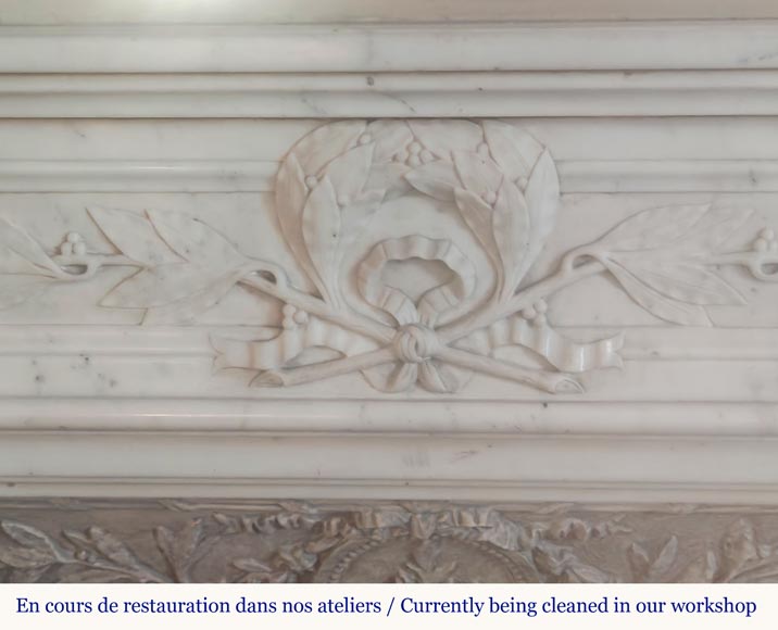 Louis XVI style mantel with laurel wreath carved in semi-statuary marble-1