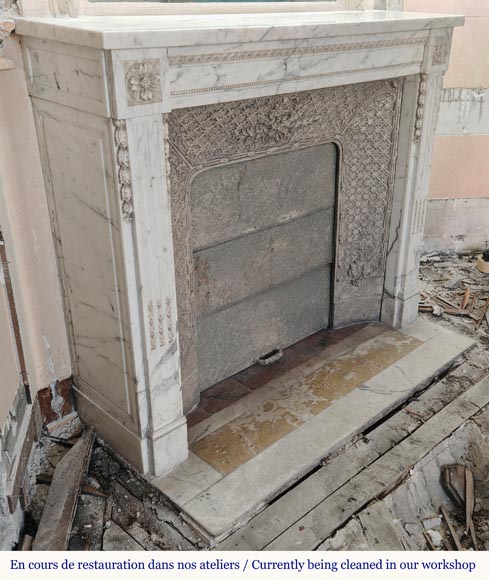 Louis XVI style mantel with pilaster feet carved in veined Carrara marble-2