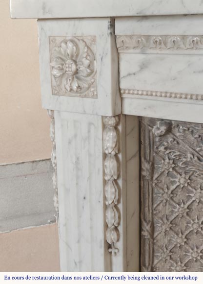 Louis XVI style mantel with pilaster feet carved in veined Carrara marble-4