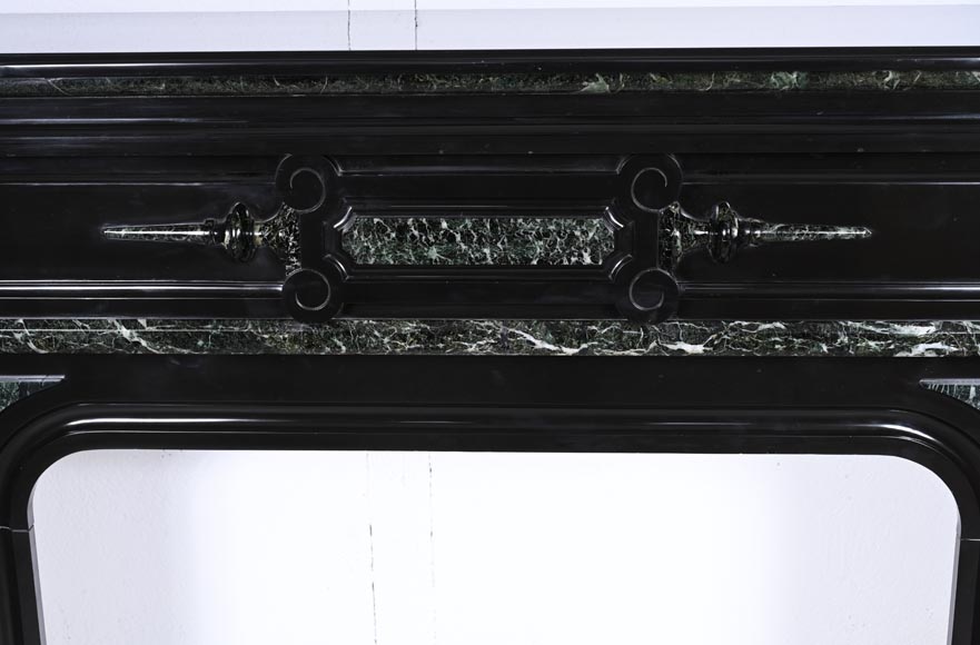 Napoleon III style two-tone mantel carved in fine black and Vert de Mer marble-1