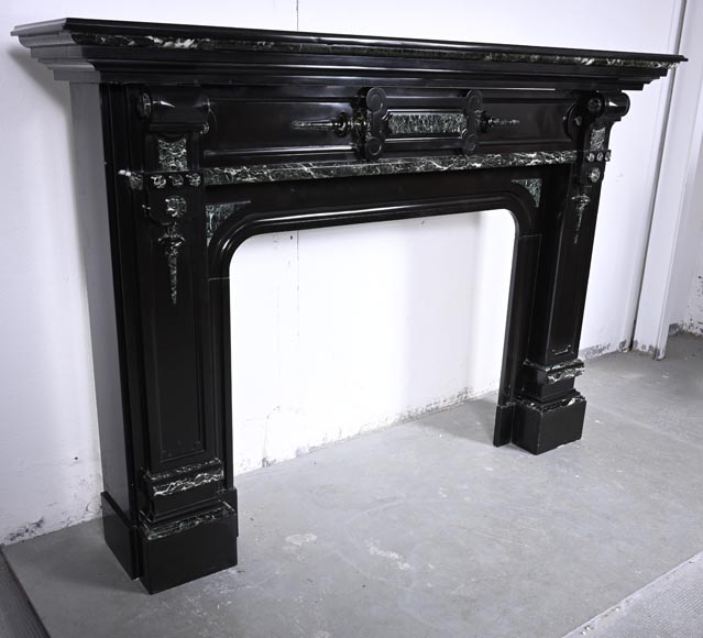 Napoleon III style two-tone mantel carved in fine black and Vert de Mer marble-2