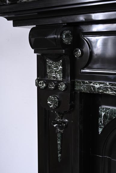 Napoleon III style two-tone mantel carved in fine black and Vert de Mer marble-3