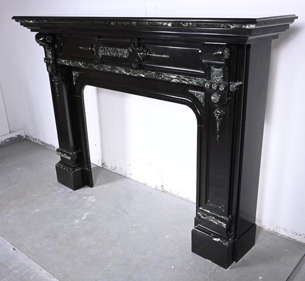 Napoleon III style two-tone mantel carved in fine black and Vert de Mer marble-6