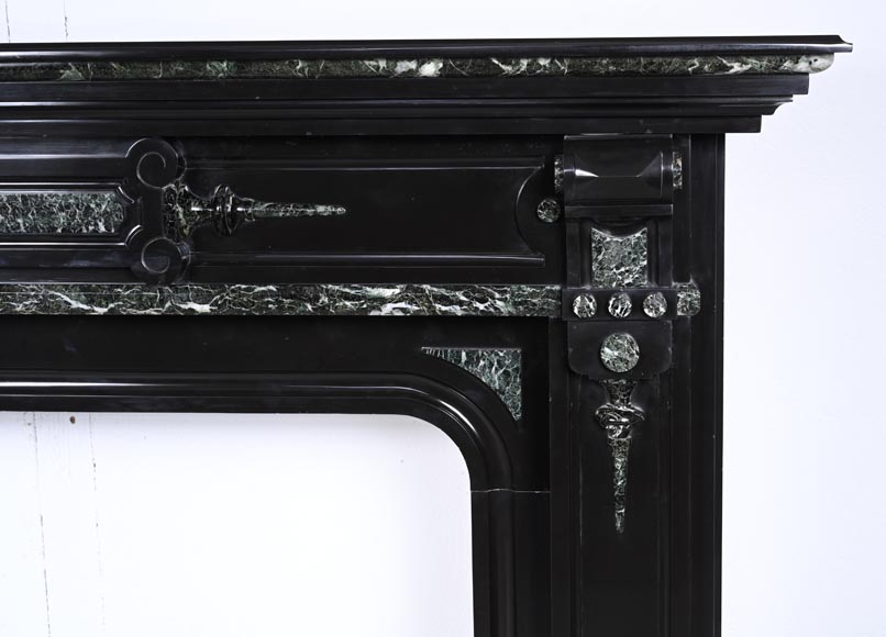 Napoleon III style two-tone mantel carved in fine black and Vert de Mer marble-7