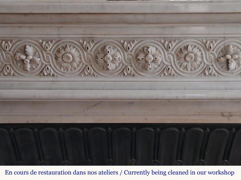 Louis XVI style curved Carrara marble mantel decorated with a frieze of macaroons-1