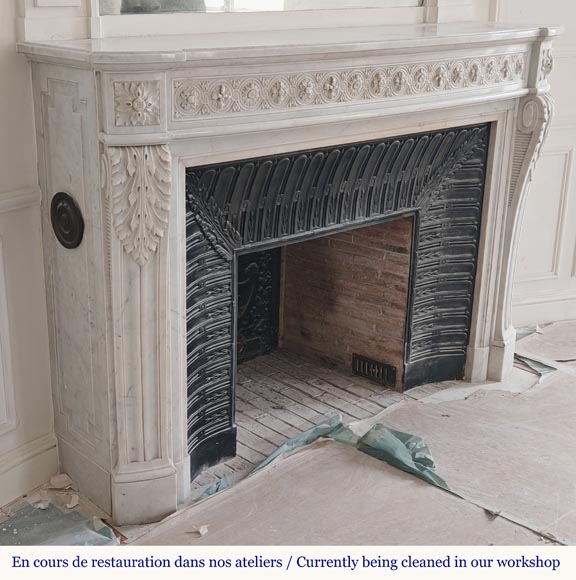 Louis XVI style curved Carrara marble mantel decorated with a frieze of macaroons-4