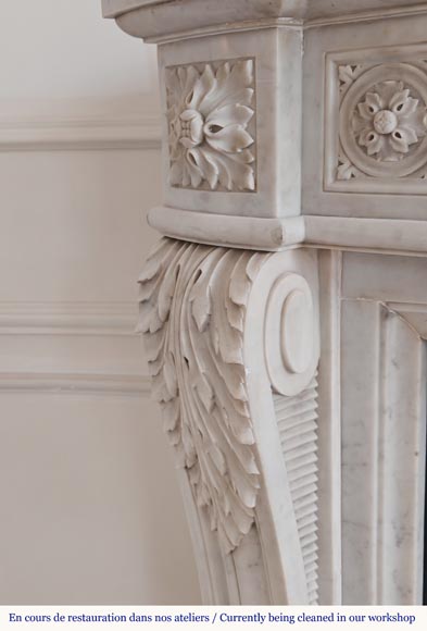 Louis XVI style curved Carrara marble mantel decorated with a frieze of macaroons-6