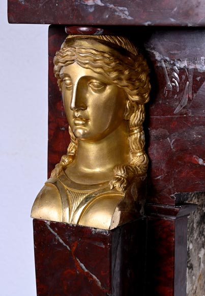 Empire period fireplace in Griotte Red marble, bronzes (attributed to Thomire)-4