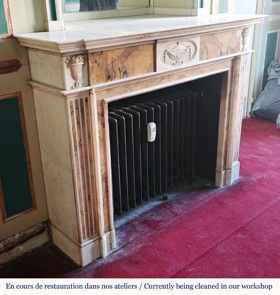 Louis XVI style two-tone fireplace in Carrara white and Sienna yellow, decorated with flower vases-2