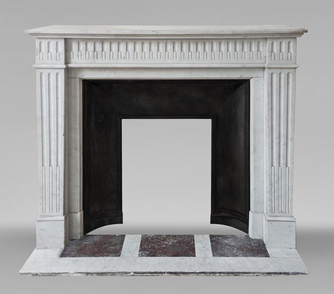 Louis XVI style fireplace in Carrara marble, decorated with rudentée fluting-0