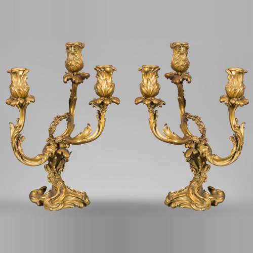 Pair Antique Candelabras, Two 2 Gothic Big Tall Ornate Candle Holders, Brass  Bronze Black Metal White Alabaster Marble, 1800s 19th C 