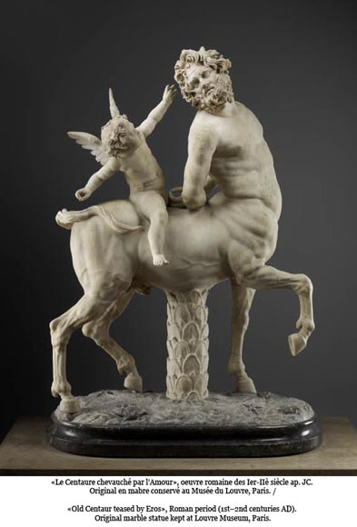  "Old centaur teased by Eros", antique garden statue in cast iron